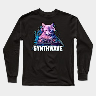 Synthwave cat with headphones Long Sleeve T-Shirt